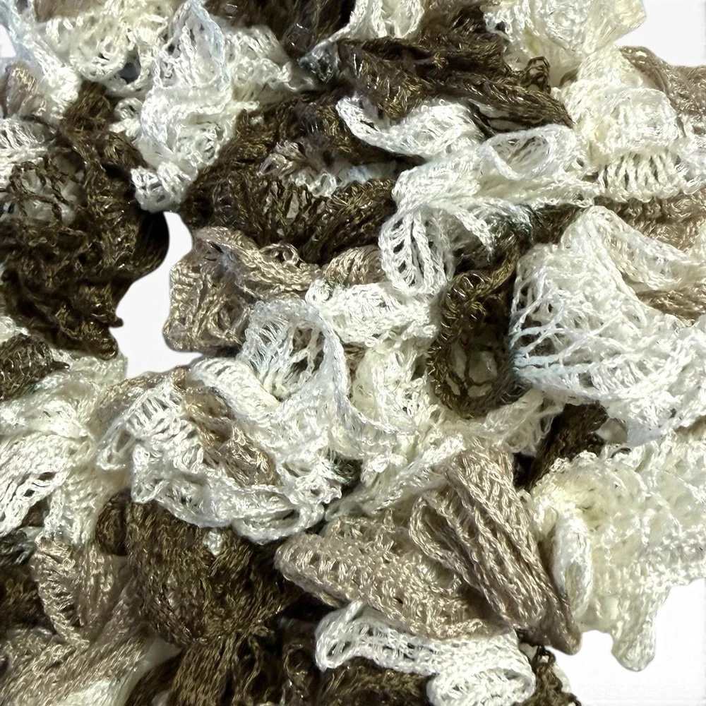 Ruffle Scarf Red Hearth Sashay Yarn white, tan and brown with shimmer
